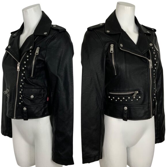Levi’s Faux Vegan Leather Studded Moto Jacket XS Black Zip Front Biker Zip Cuffs - Picture 3 of 14